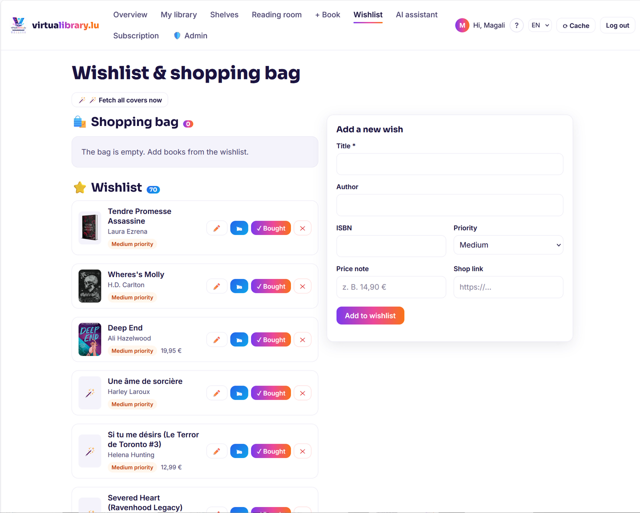 Wishlist & shopping bag
