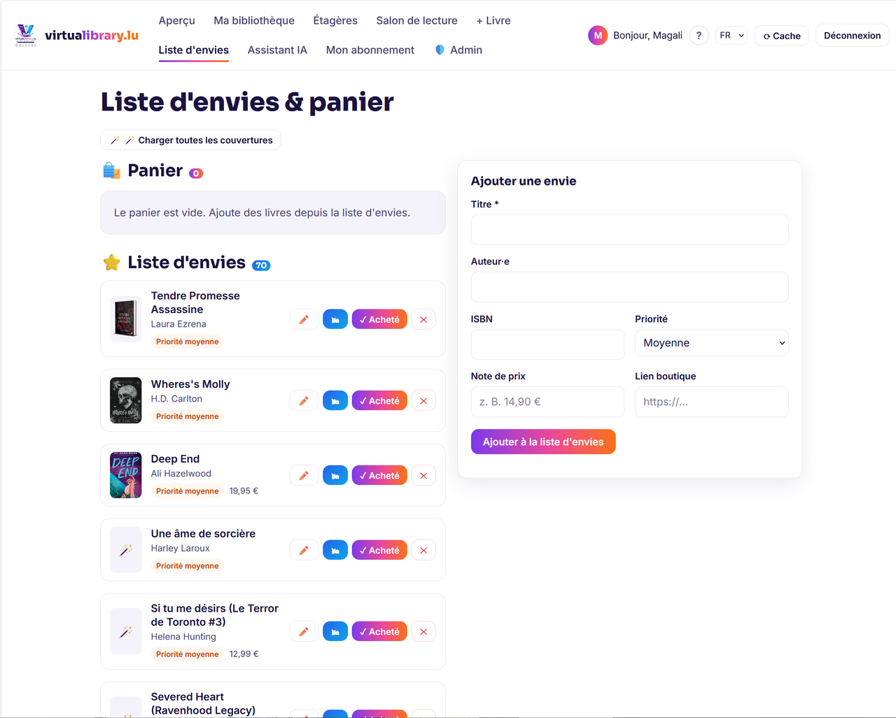 Liste d’envies & panier